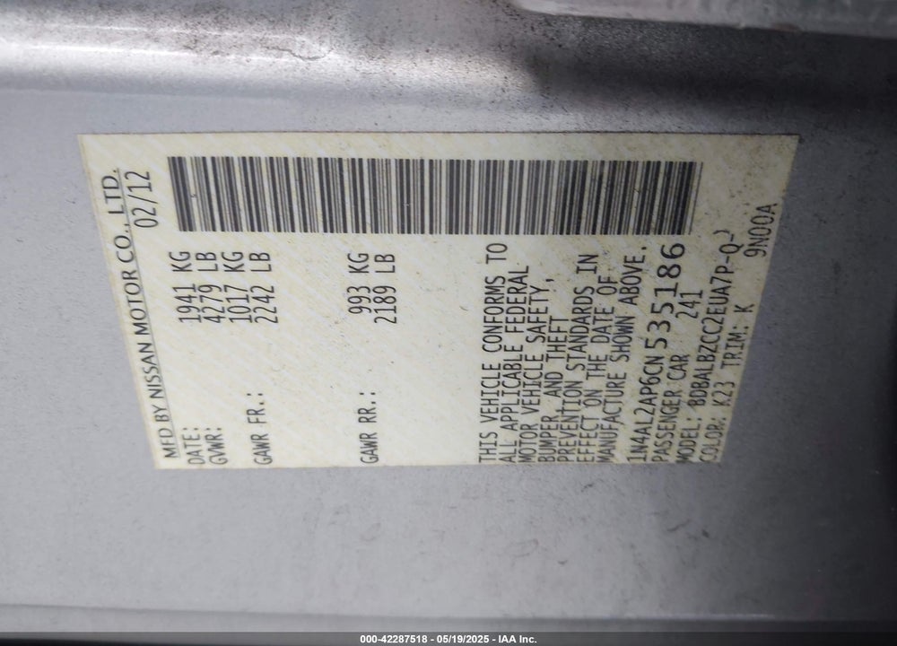 2012 NISSAN ALTIMA 2.5 S VIN: 1N4AL2AP6CN535186