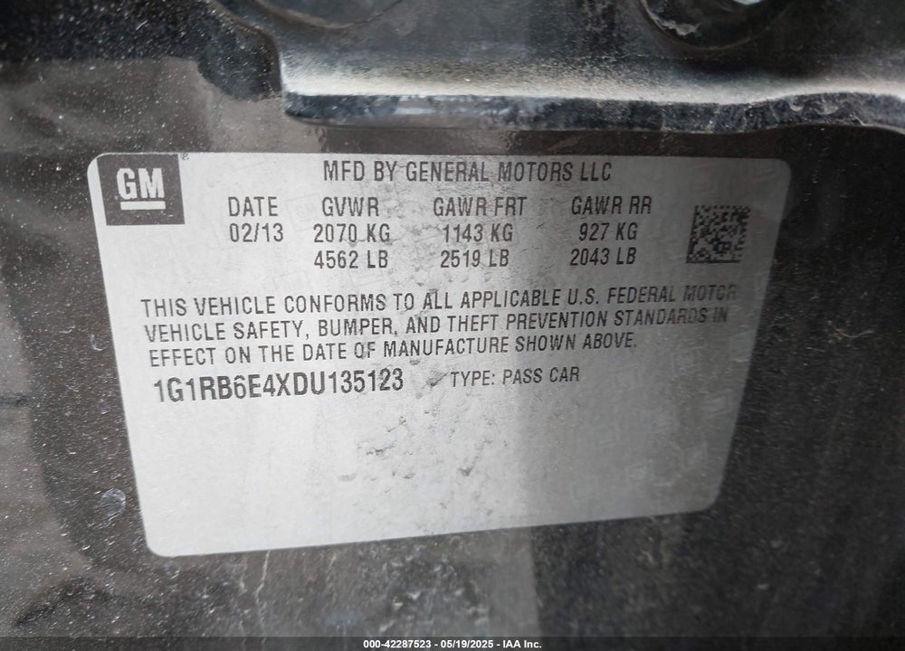 2013 CHEVROLET VOLT VIN: 1G1RB6E4XDU135123