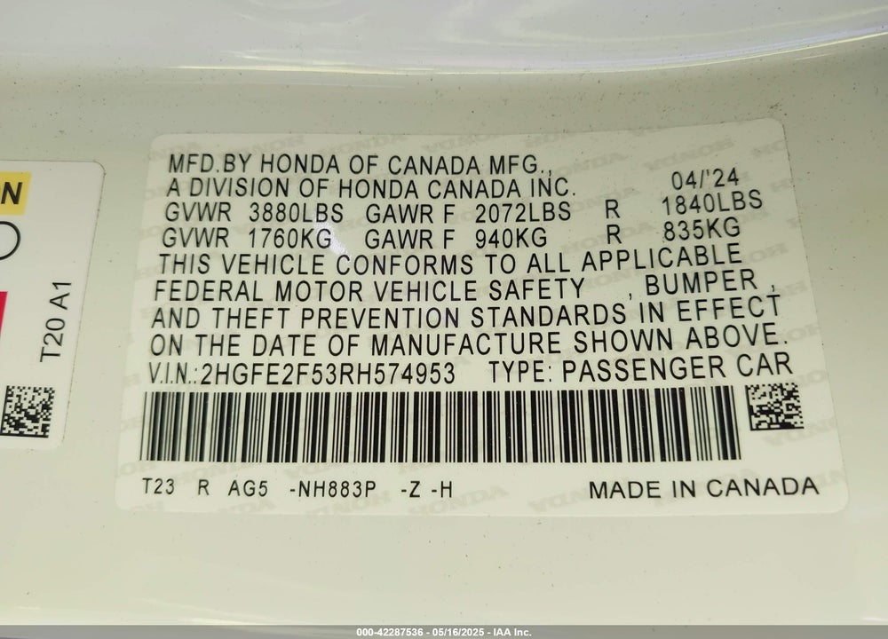 2024 HONDA CIVIC VIN: 2HGFE2F53RH574953