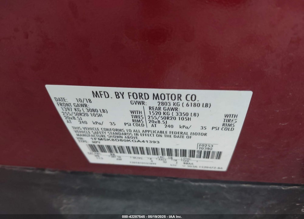 2019 FORD EXPLORER VIN: 1FM5K8D80KGA41393