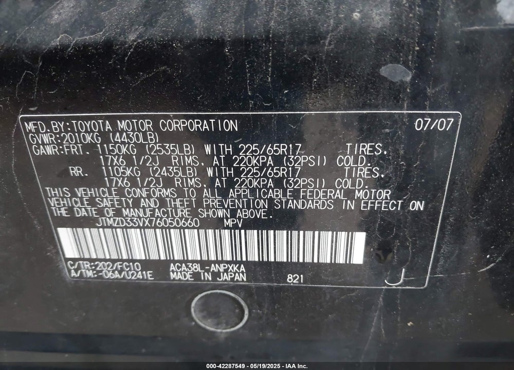 2007 TOYOTA RAV4 VIN: JTMZD33VX76050660