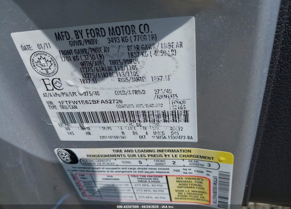 2011 FORD F-150 LARIAT VIN: 1FTFW1E62BFA52726