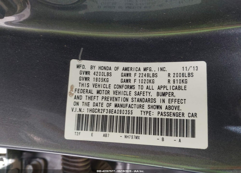 2014 HONDA ACCORD VIN: 1HGCR2F38EA090355