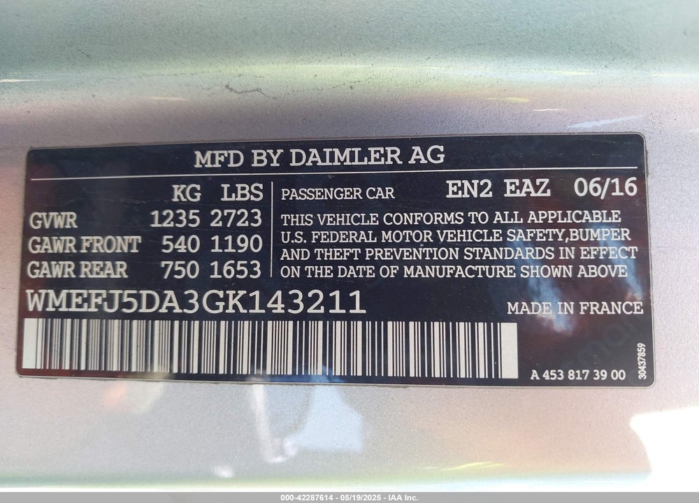 2016 SMART FORTWO PASSION/PRIME/PROXY/PURE VIN: WMEFJ5DA3GK143211