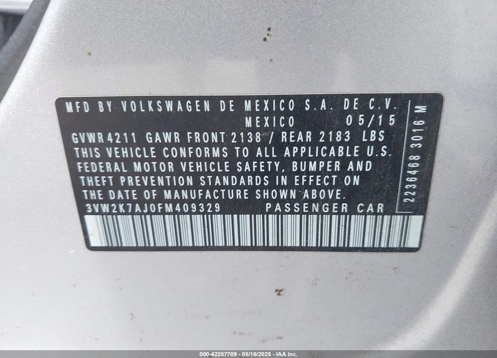 2015 VOLKSWAGEN JETTA VIN: 3VW2K7AJ0FM409329