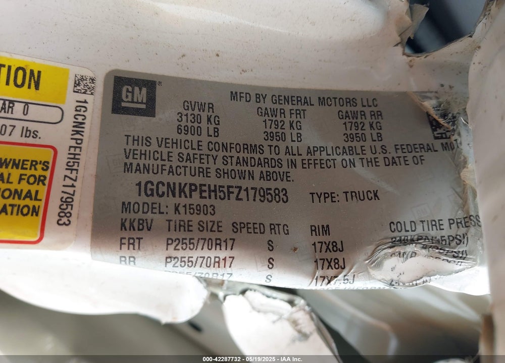 2015 CHEVROLET SILVERADO 1500 VIN: 1GCNKPEH5FZ179583