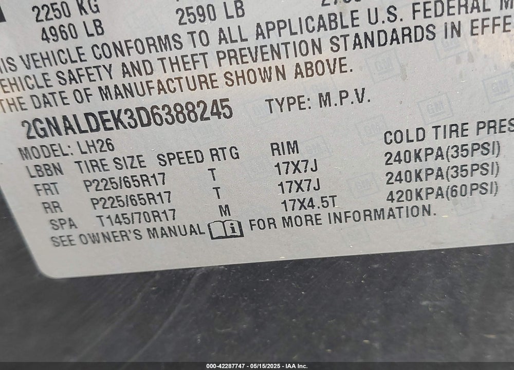 2013 CHEVROLET EQUINOX VIN: 2GNALDEK3D6388245