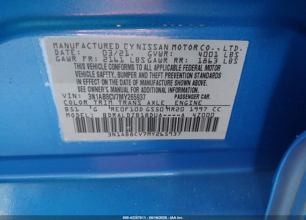 2021 NISSAN SENTRA VIN: 3N1AB8CV7MY265937