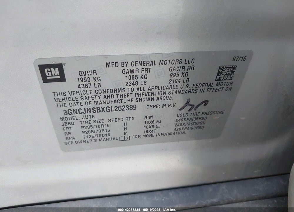 2016 CHEVROLET TRAX VIN: 3GNCJNSBXGL262389
