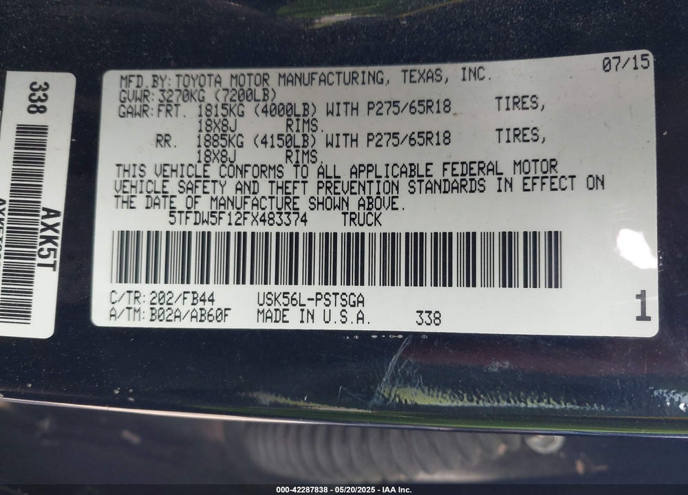 2015 TOYOTA TUNDRA VIN: 5TFDW5F12FX483374
