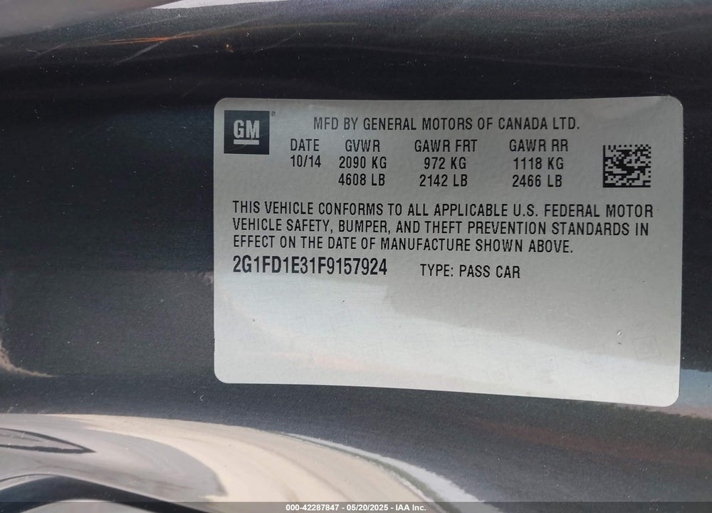 2015 CHEVROLET CAMARO 1LT VIN: 2G1FD1E31F9157924