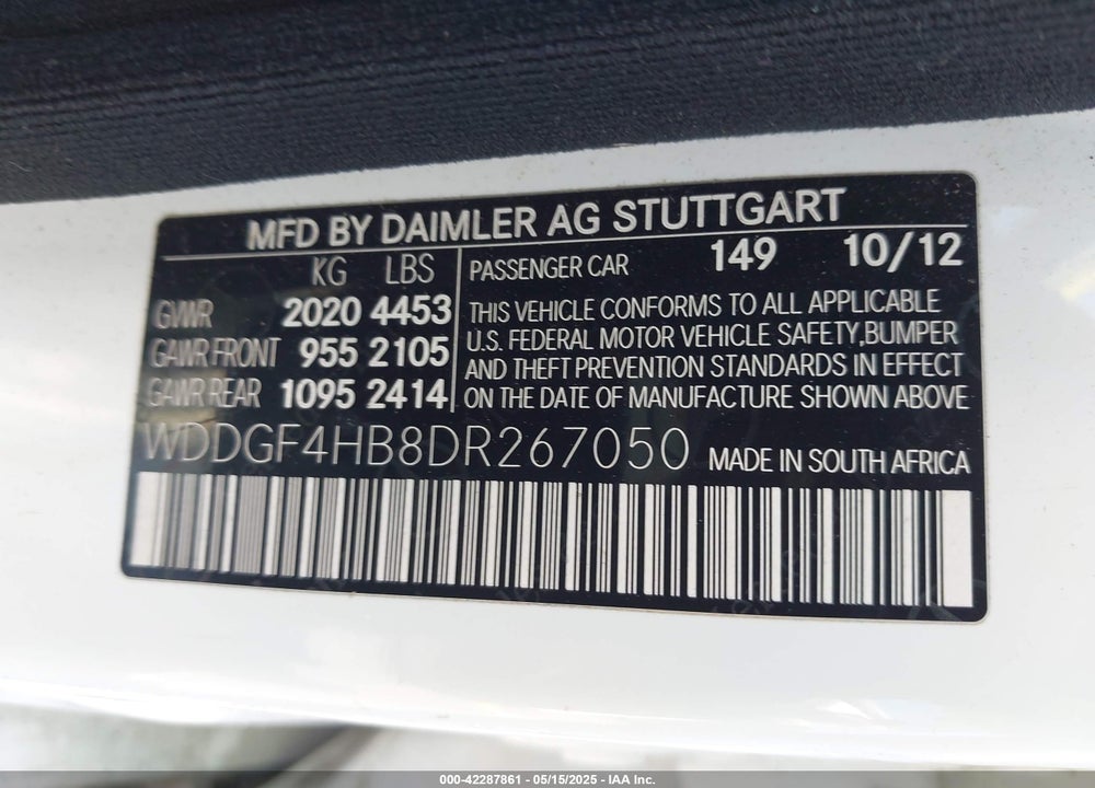 2013 MERCEDES-BENZ C 250 VIN: WDDGF4HB8DR267050