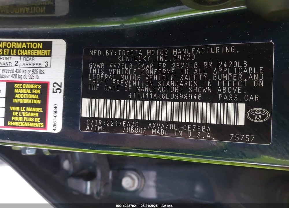 2020 TOYOTA CAMRY VIN: 4T1J11AK6LU998946