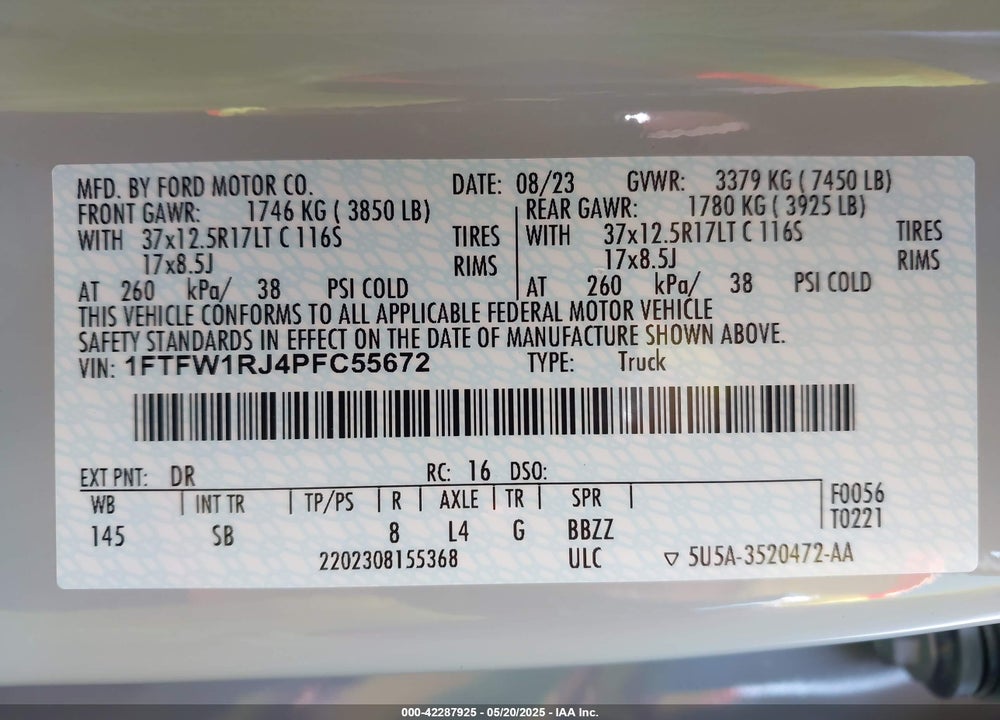 2023 FORD F-150 RAPTOR VIN: 1FTFW1RJ4PFC55672