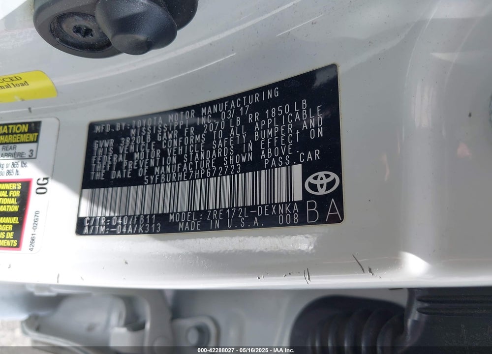 2017 TOYOTA COROLLA VIN: 5YFBURHE7HP672723