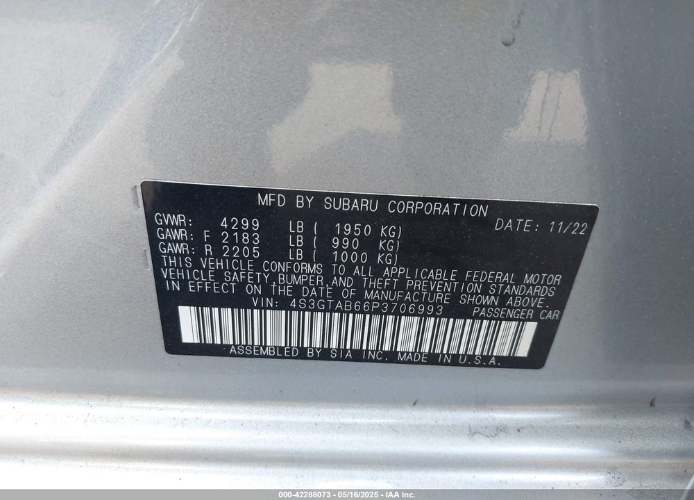 2023 SUBARU IMPREZA VIN: 4S3GTAB66P3706993