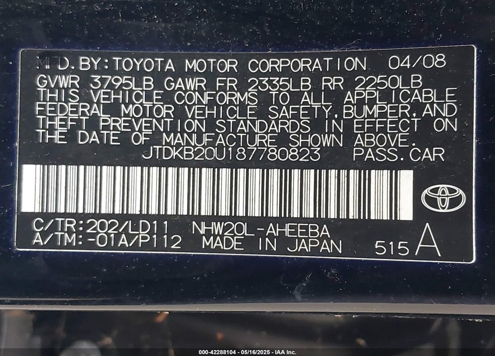 2008 TOYOTA PRIUS VIN: JTDKB20U187780823