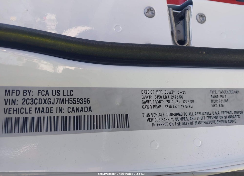 2021 DODGE CHARGER VIN: 2C3CDXGJ7MH559396