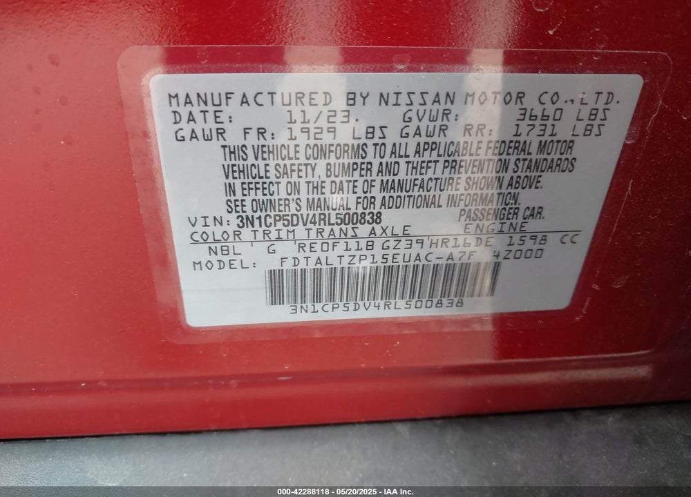2024 NISSAN KICKS VIN: 3N1CP5DV4RL500838
