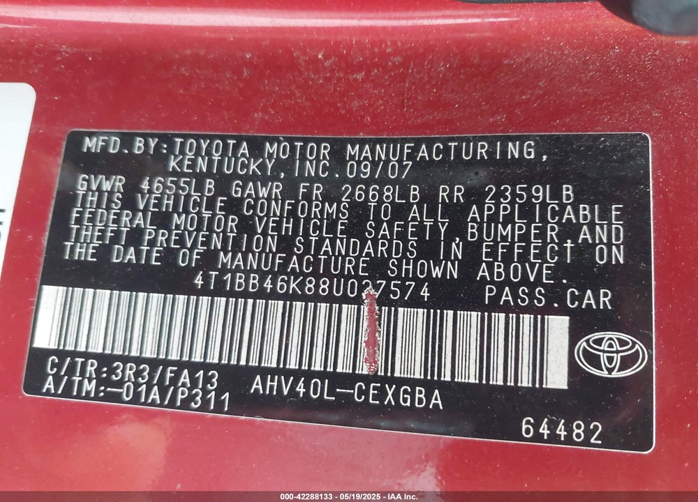 2008 TOYOTA CAMRY VIN: 4T1BB46K88U037574