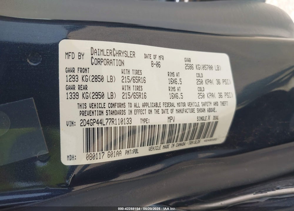 2007 DODGE GRAND CARAVAN SXT VIN: 2D4GP44L77R110133