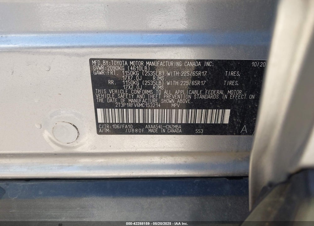 2021 TOYOTA RAV4 VIN: 2T3P1RFV6MC153214