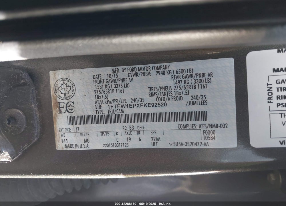 2015 FORD F-150 XLT VIN: 1FTEW1EPXFKE92520