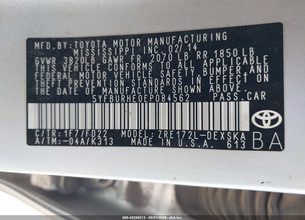 2014 TOYOTA COROLLA S PLUS VIN: 5YFBURHE0EP084562