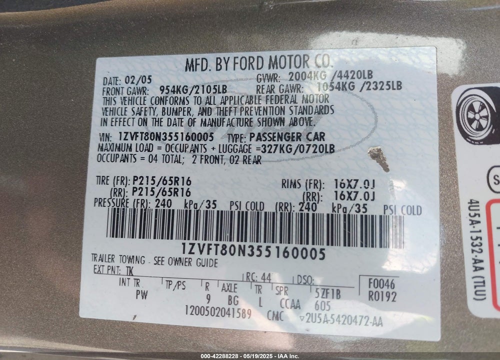 2005 FORD MUSTANG V6 DELUXE/V6 PREMIUM VIN: 1ZVFT80N355160005