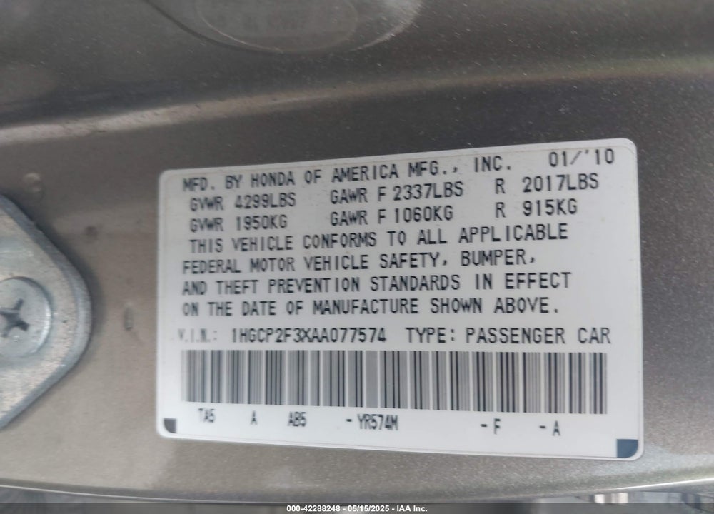 2010 HONDA ACCORD VIN: 1HGCP2F3XAA077574