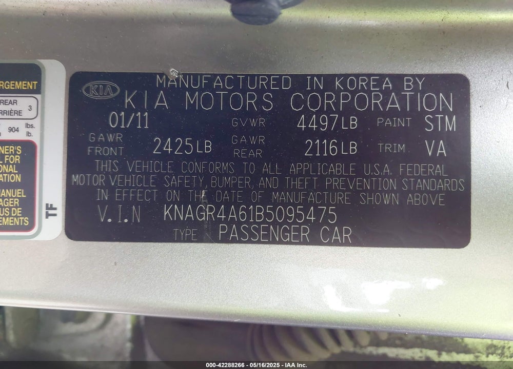 2011 KIA OPTIMA SX VIN: KNAGR4A61B5095475
