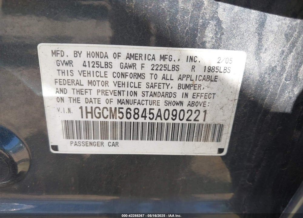 2005 HONDA ACCORD 2.4 EX VIN: 1HGCM56845A090221