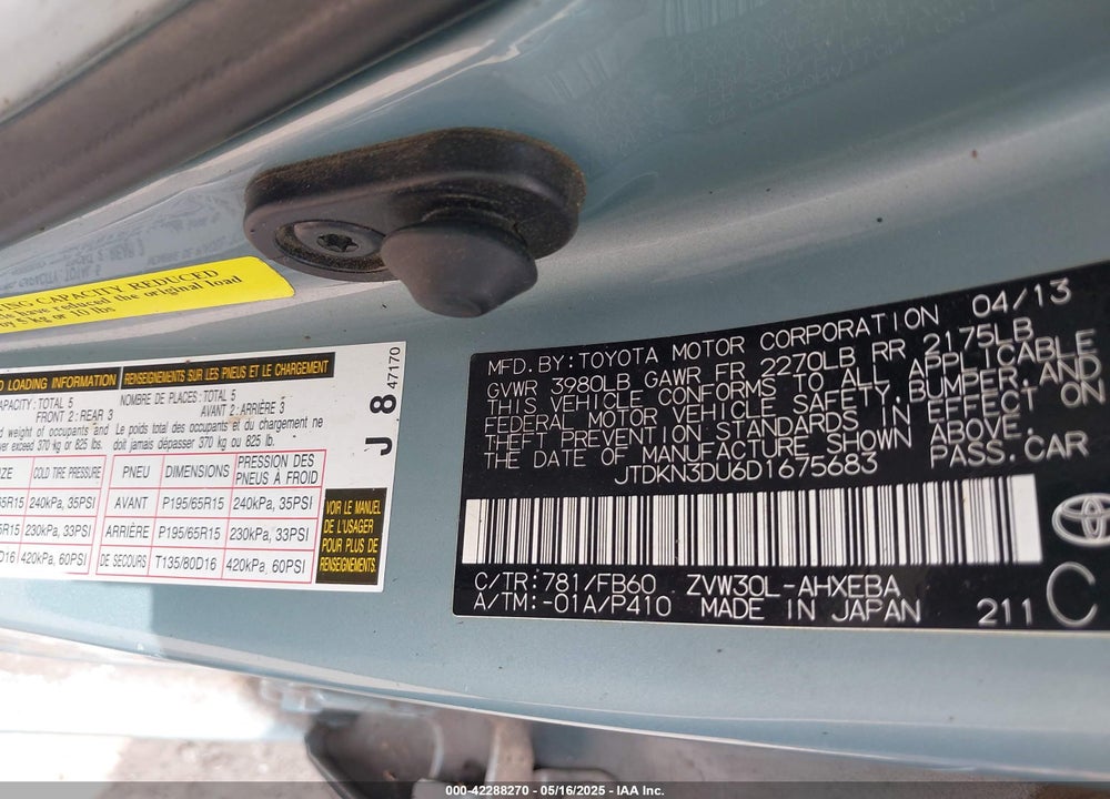 2013 TOYOTA PRIUS VIN: JTDKN3DU6D1675683