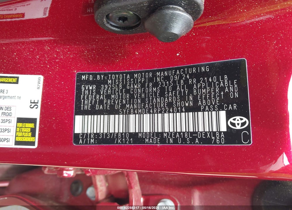 2024 TOYOTA COROLLA VIN: 5YFB4MDE4RP224014