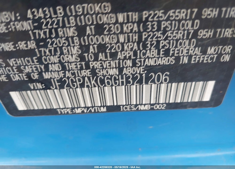 2016 SUBARU CROSSTREK 2.0I LIMITED VIN: JF2GPAKC6GH321206