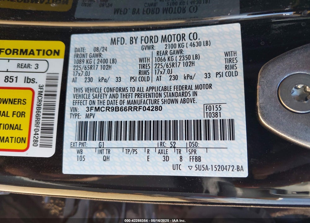 2024 FORD BRONCO SPORT BIG BEND VIN: 3FMCR9B66RRF04280