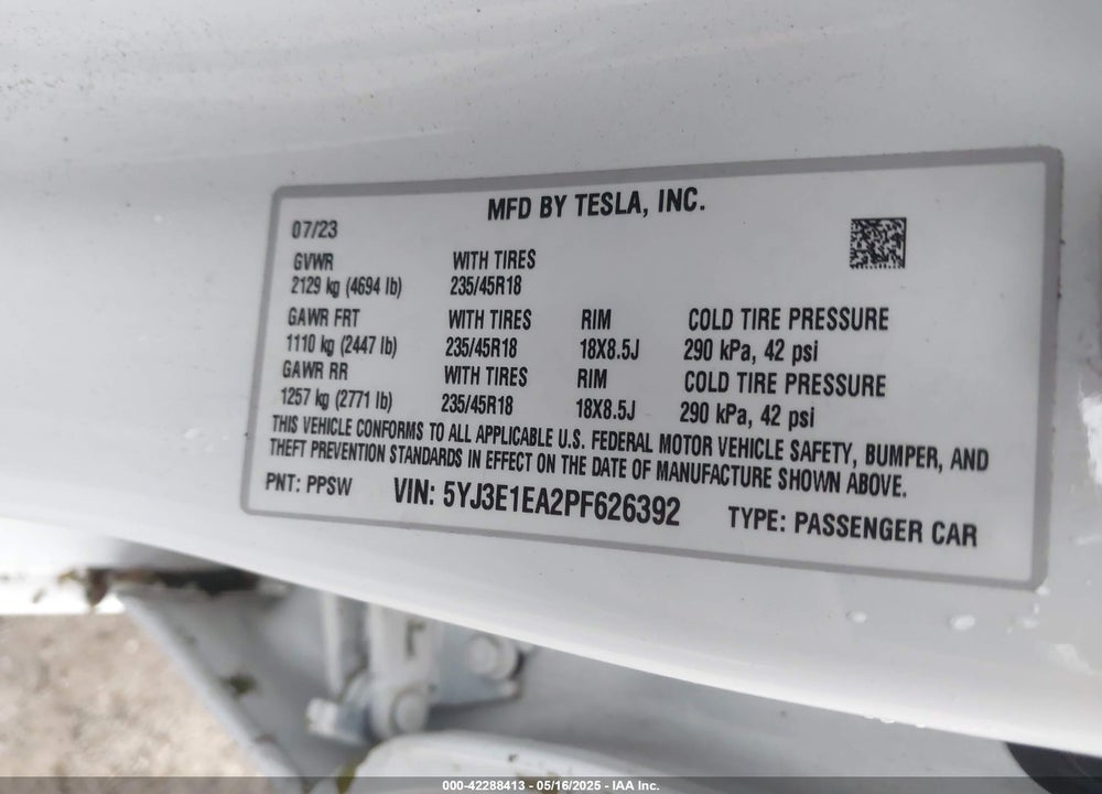 2023 TESLA MODEL 3 VIN: 5YJ3E1EA2PF626392