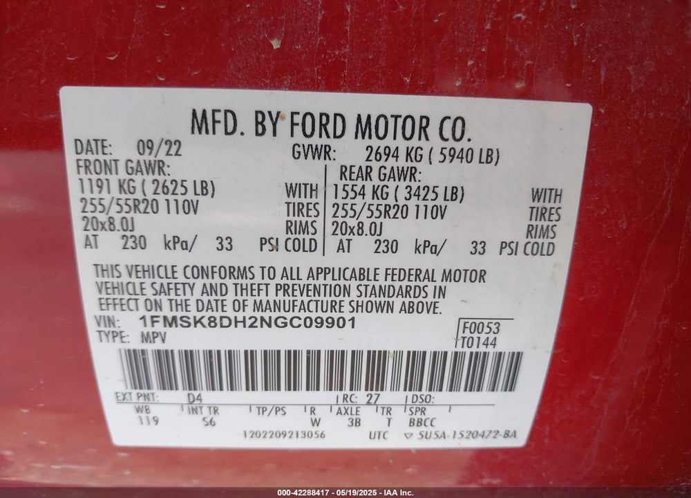 2022 FORD EXPLORER VIN: 1FMSK8DH2NGC09901