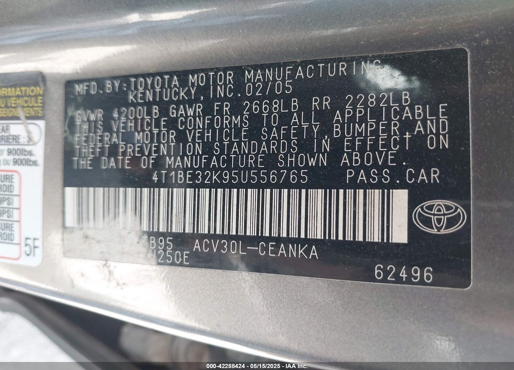 2005 TOYOTA CAMRY LE VIN: 4T1BE32K95U556765