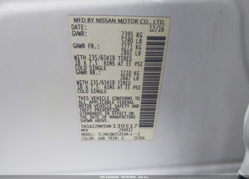 2017 NISSAN MURANO VIN: 5N1AZ2MH5HN130517