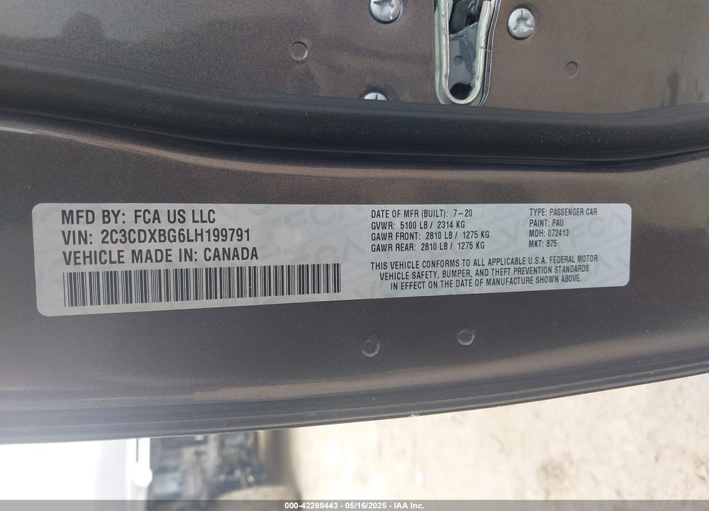 2020 DODGE CHARGER VIN: 2C3CDXBG6LH199791