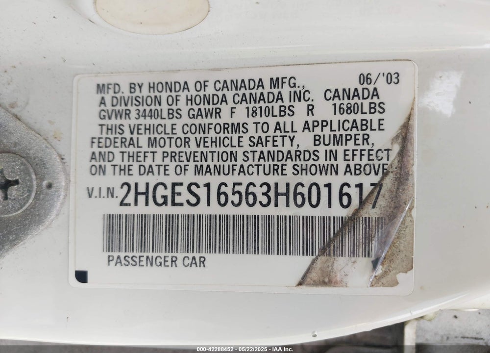 2023 HONDA CIVIC VIN: 2HGES16563H601617