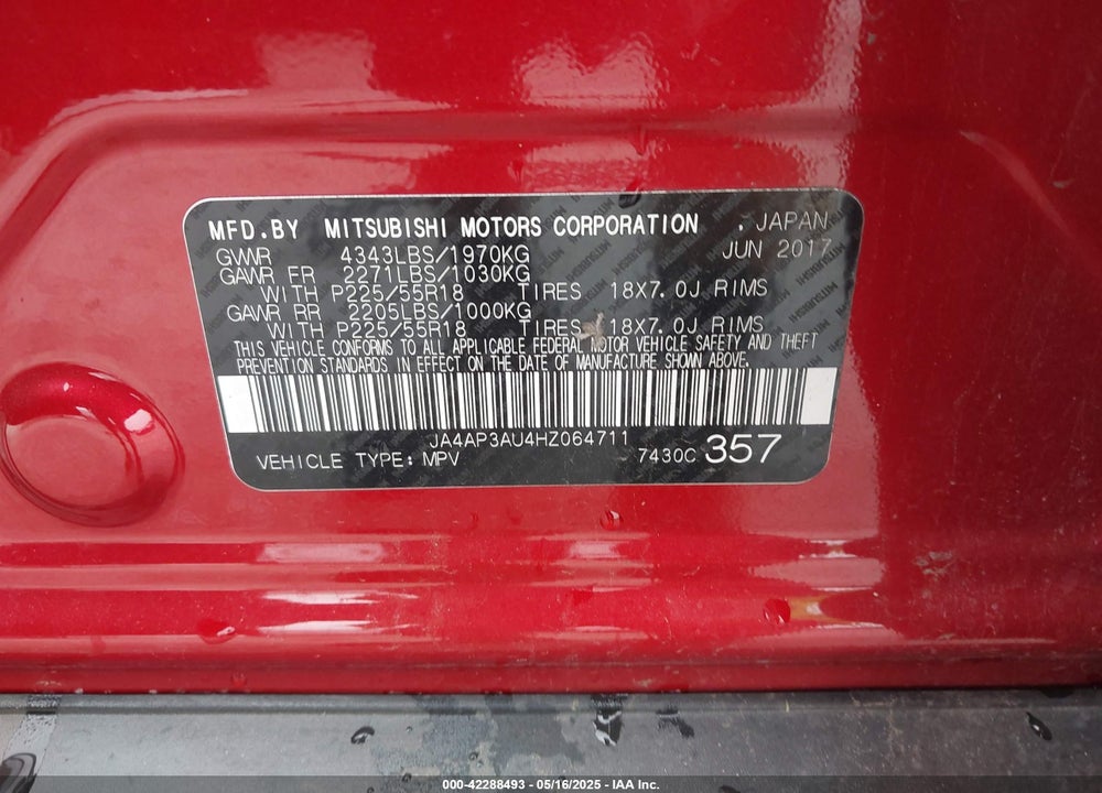 2017 MITSUBISHI OUTLANDER SPORT VIN: JA4AP3AU4HZ064711