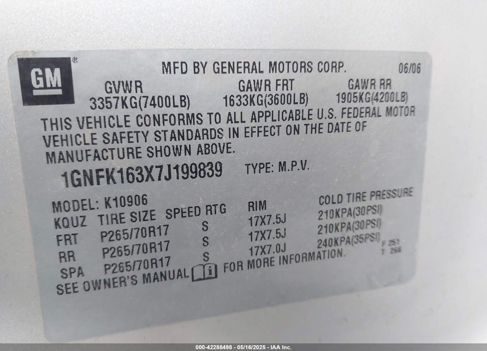 2007 CHEVROLET SUBURBAN 1500 VIN: 1GNFK163X7J199839