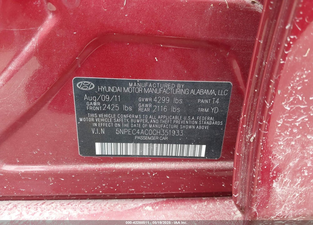 2012 HYUNDAI SONATA VIN: 5NPEC4AC0CH351933