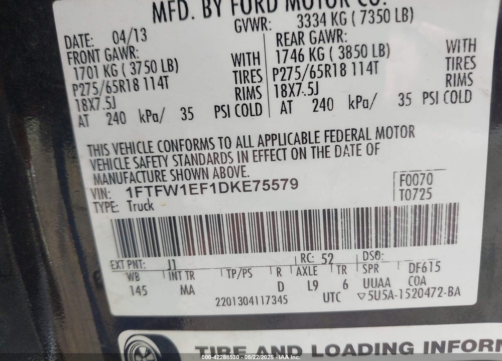 2013 FORD F-150 VIN: 1FTFW1EF1DKE75579