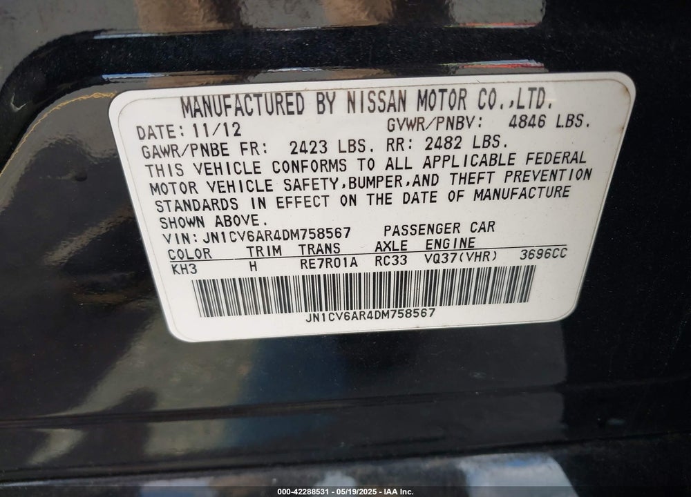 2013 INFINITI G37X VIN: JN1CV6AR4DM758567
