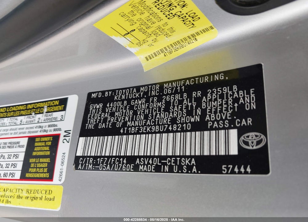2011 TOYOTA CAMRY VIN: 4T1BF3EK9BU748210