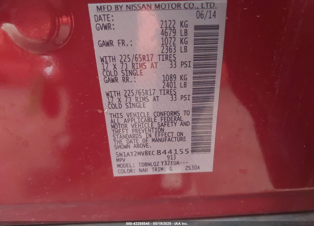 2014 NISSAN ROGUE VIN: 5N1AT2MV8EC844155