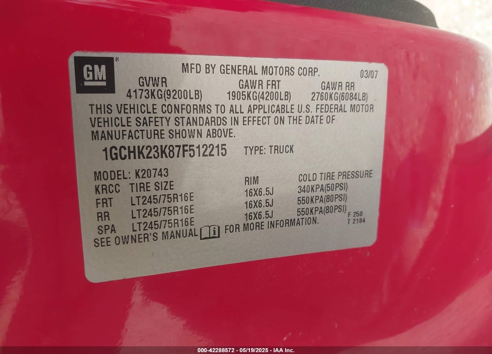 2007 CHEVROLET SILVERADO VIN: 1GCHK23K87F512215